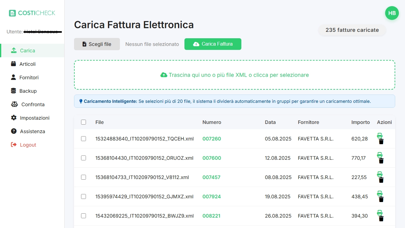 Dashboard CostiCheck — panoramica fatture e fornitori